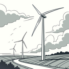 Stylized illustration of wind turbines in a field under a cloudy sky with a winding road leading towards them