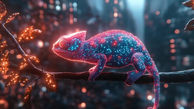 Magical Chameleon on a Branch with Glowing Lights.