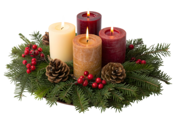 Advent wreath with four lit candles isolated on transparent background