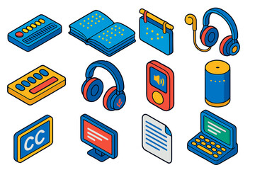 Accessible Tech Icons. Isometric vector illustration set Accessible technology: braille display, braille book, braille keyboard,