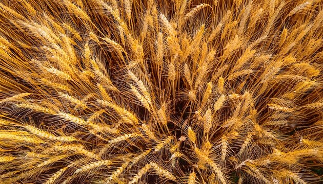 natural background of ears of golden ripening wheat in an agricultural field top view photo from drone