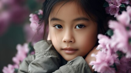 Fototapeta premium Serene Bloom: A portrait of a young girl, her gentle face framed by delicate, blossoming flowers