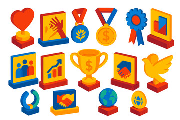 Charity Award Icons. Isometric vector illustration set Charity awards: heart-shaped trophy, helping hands plaque, humanitarian