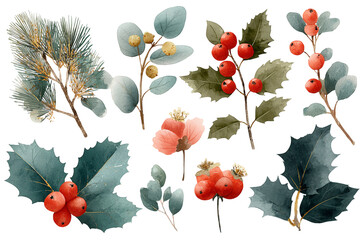 Watercolor clipart of pine branches, holly leaves, and red berries, PNG transparent