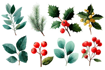 Watercolor clipart of pine branches, holly leaves, and red berries, PNG transparent
