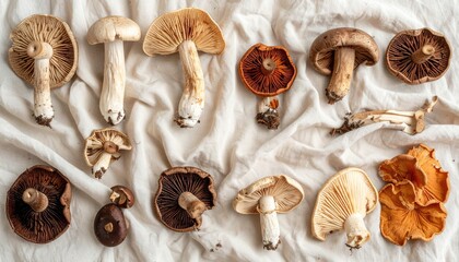Overhead Flat Lay of Assorted Wild Mushrooms on Textured White Cloth with Soft Natural Indoor Lighting