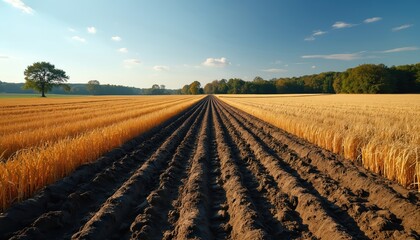 Vast golden wheat field next to freshly plowed earth. A lone tree stands against a clear blue sky with wispy clouds. Rich green forest borders the landscape.