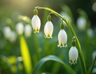 Delicate photo of Leucojum aestivum flowers also named summer snowflake. White bell-shaped flowers with green markings. These ornamental plants thrive in the garden during spring under sunlight.