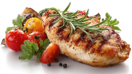 Grilled Chicken Breast with Vegetables: A mouthwatering composition showcases a succulent grilled chicken breast, beautifully complemented by a medley of fresh, colorful vegetables.