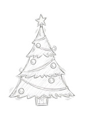 A handdrawn christmas tree isolated on transparent background, featuring a simple star and ornaments, creating a nostalgic and artistic holiday atmosphere, perfect for coloring books and creative proj