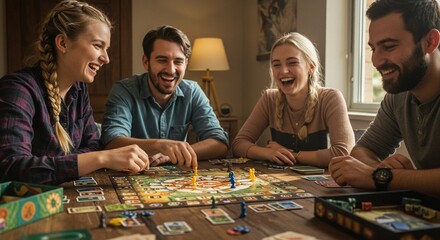 Fototapeta premium Group of four happy, smiling friends sitting around a table, playing a board game and having a fun, relaxing time indoors.