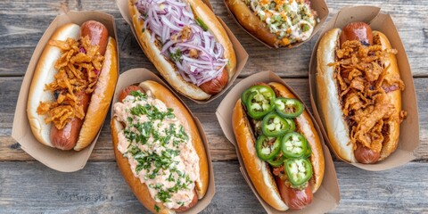 A collection of hot dogs with different toppings, such as onions, jalapenos, and bacon, arranged in a row on a wooden table