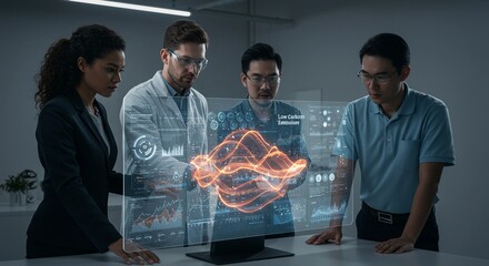 Four diverse professionals (two scientists, one businesswoman, one engineer) collaborating on a holographic projection displaying data and a dynamic energy waveform.