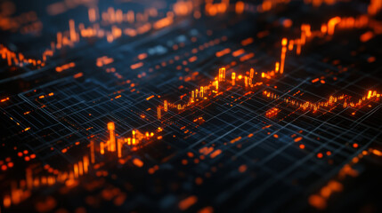 Illuminated data visualization showcasing financial trends and market fluctuations in a dark background