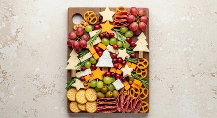 Festive holiday charcuterie board with cheese, grapes, crackers, and meats arranged in a Christmas tree shape.