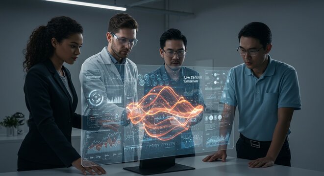 Four diverse professionals (two scientists, one businesswoman, one engineer) collaborating on a holographic projection displaying data and a dynamic energy waveform.