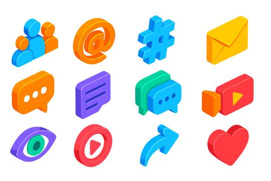 Isometric Networking Icons. Isometric vector icon set networking essentials: group users, mention @, hashtag symbol, email