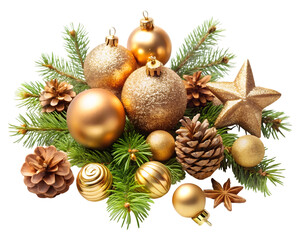 Assortment of golden christmas baubles and pinecones isolated on transparent background