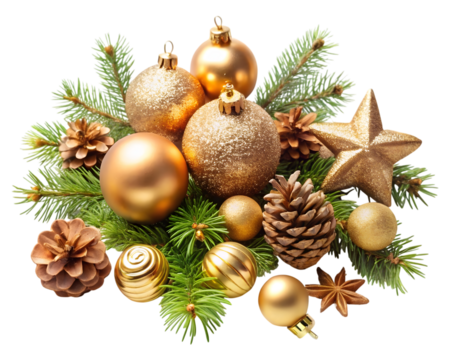 Assortment of golden christmas baubles and pinecones isolated on transparent background