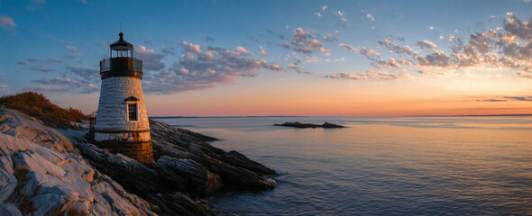 Classic Lighthouse Overlooking Tranquil Sea at Sunset