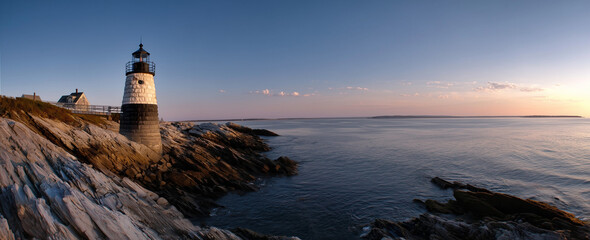 Scenic Coastal Lighthouse at Sunset with Rocky Cliffs and Calm Sea