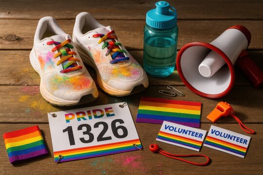 Pride run event gear display community park sports equipment vibrant rainbow theme close-up view inclusivity concept