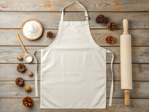 white apron mockup for Christmas. White kitchen apron on a weathered wooden table surrounded by flour, spoon, rolling pin and pinecones in a rustic baking flat lay. - Powered by Adobe
