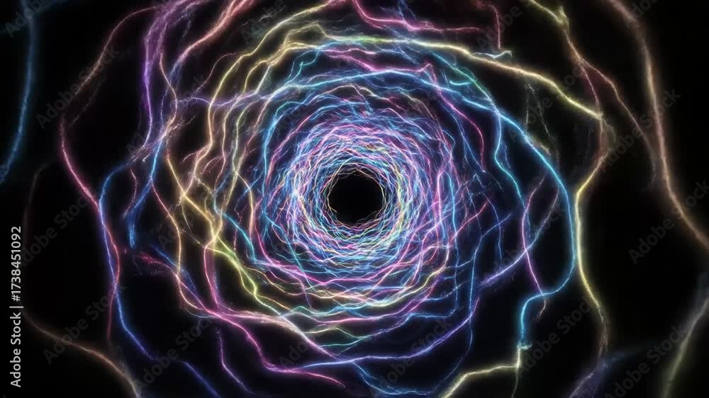 Wall mural neon candy swirl line effect - this video features a vibrant swirl of neon lines against a black bac