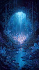 Enchanted Cave with Glowing Crystal Reflections and Neon Blue Light Shimmering on a Still Water Surface in a Fantasy Setting