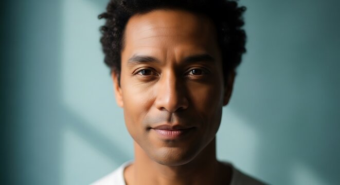 Close up portrait of a man with dark curly hair and brown eyes.