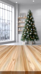 A wooden serving platter is positioned on a rustic table with a decorated festive tree behind it, creating a warm holiday atmosphere