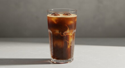 A refreshing iced coffee in a tall glass with milk swirling