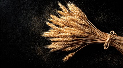 Freshly Harvested Wheat Bundle Tied with String Glowing in Soft Light, Capturing the Beauty of Nature's Bounty Against a Dark Background