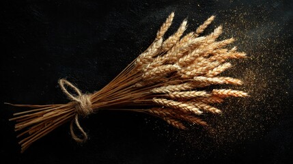 Freshly Harvested Wheat Bundle Tied with String and Glowing Dust on a Dark Background, Capturing the Essence of Agricultural Abundance and Natural Beauty