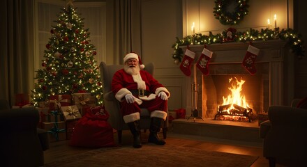 Santa Claus sits in front of a lit fireplace in a cozy room decorated for Christmas