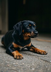 A charming dog looking attentively. This canine exhibits a black and tan coat with attentive eyes