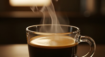 Close-up view of a steaming cup of coffee, evoking warmth and comfort. The image focuses on the coffee with steam rising