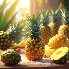 Fresh pineapples on a wooden table
