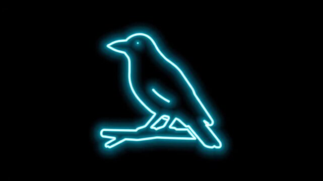 Neon Crow Silhouette on Black - The video features a neon turquoise silhouette of a crow perched on a branch, set against a solid black background.