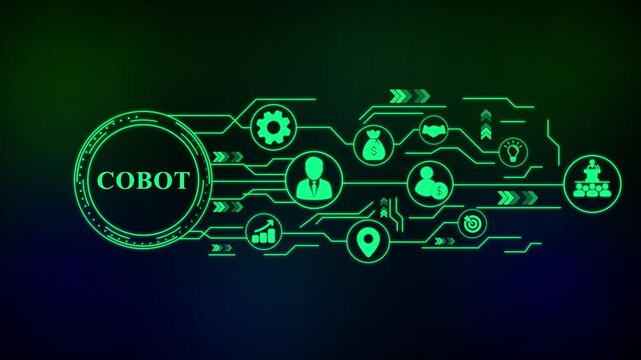 Cobot Network Diagram with Business Icons collaborative robot . Business, technology, internet and networking concept.