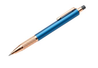 Elegant blue and gold mechanical pencil isolated on transparent background, drafting tool for artists and designers