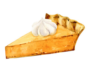 A slice of pumpkin pie with whipped cream. Watercolor illustration of traditional autumn country baking. A dessert for Thanksgiving and Halloween. Sticker for holiday decor. Retro-style clip art.
