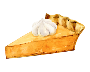 A slice of pumpkin pie with whipped cream. Watercolor illustration of traditional autumn country baking. A dessert for Thanksgiving and Halloween. Sticker for holiday decor. Retro-style clip art.