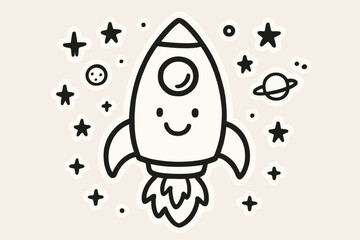 Magical Space Doodles. Magical doodle stickers: spaceship with a happy face, tiny stars and planets floating, simplified doodle