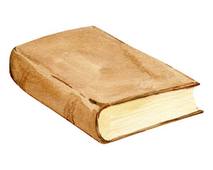 A brown book lies on a table. Watercolor illustration of a notebook. Clip art for trickers for Knowledge Day and Back to School. A useful hobby for education and development. Reading for learning