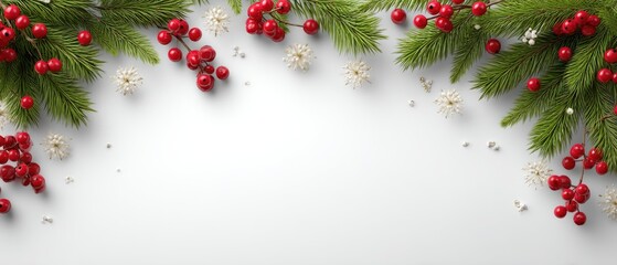 Decorative greenery and bright red berries frame a simple, blank gift box set on a white background, perfect for holiday gifting