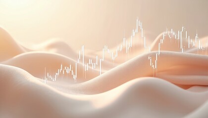 Abstract wave pattern displays financial data visualization. Rising, falling lines represent market trends. Smooth surface economic stability, growth potential. Image conveys complex analysis.
