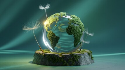 Stunning green earth globe with dandelion seeds evoking environmental awareness and sustainability, perfect for eco-friendly campaigns and global initiatives