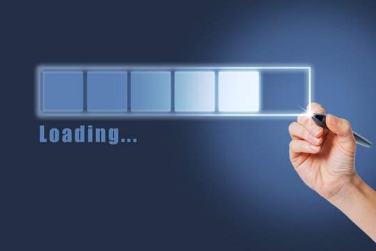 A woman's hand with a handle touches the loading indicator for the countdown. The concept of beginning, waiting for the result.