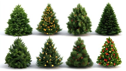 Fototapeta premium Different styles of Christmas trees showcase various decorations, including ornaments and ribbons, highlighting holiday spirit and joy